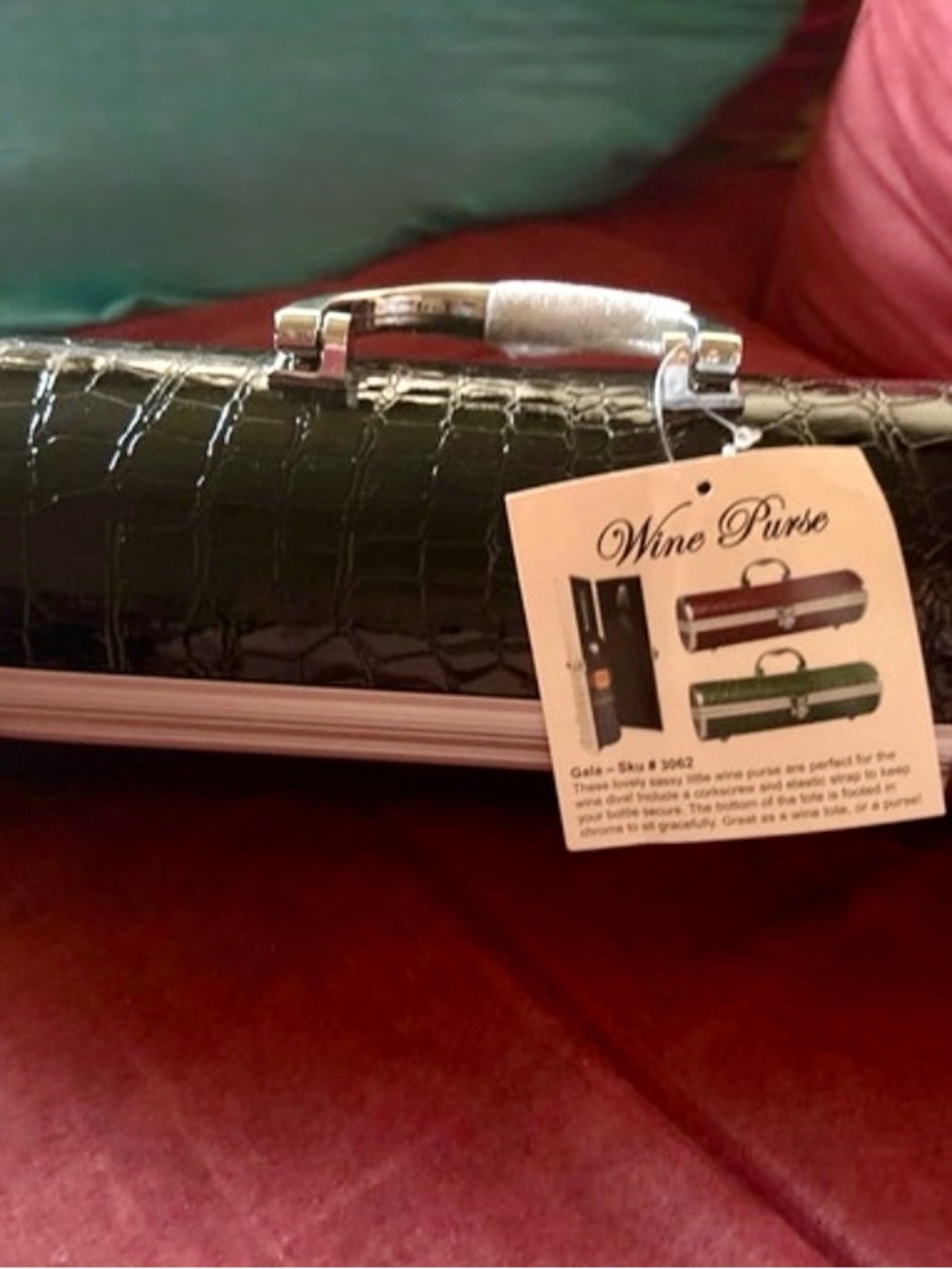 Croc-Embossed Black Travel Wine Purse with Silver Hardware